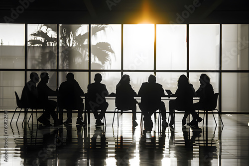 Corporate Strategy Discussion in Office Silhouette Against Evening Sky