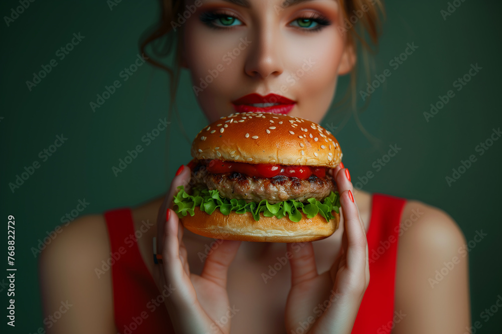 Food pop art photography. Cropped image of woman eating burger on red tablecloth isolated over green background. Delicious taste. Vintage, retro style. Complementary colors, Copy space for ad