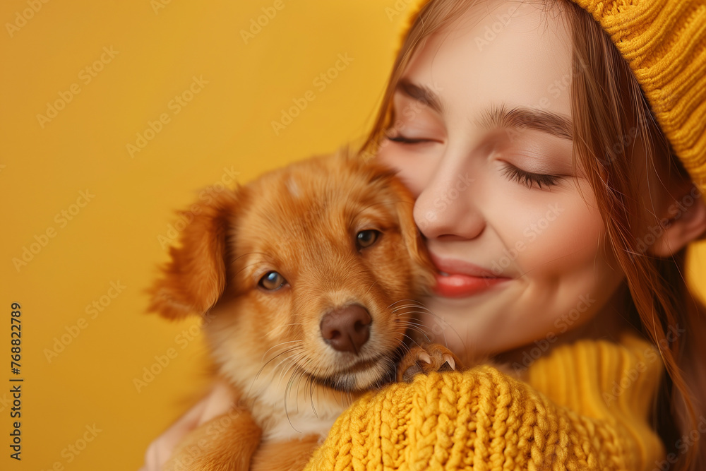 Portrait of beautiful girl embracing cute puppy dog over yellow background