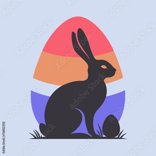 Zajączek wielkanocny. Królik i kolorowe jajko. Wielkanocna ilustracja w prostym stylu na kartki świąteczne, banery, życzenia i do innych projektów. © Monika