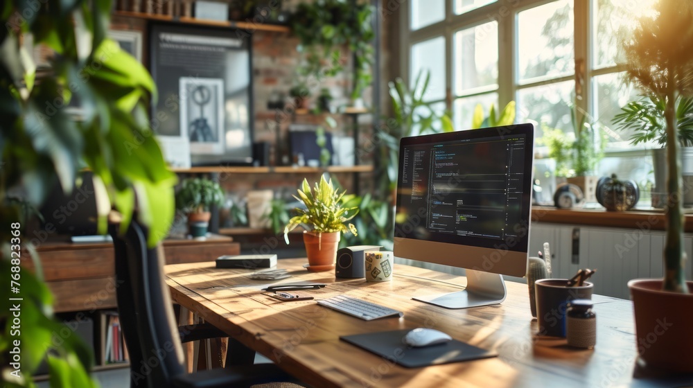 Serene Home Office with Coding Computer Setup Amidst Lush Indoor Plants Serene Home Office with Coding Computer Setup Amidst Lush Indoor Plants