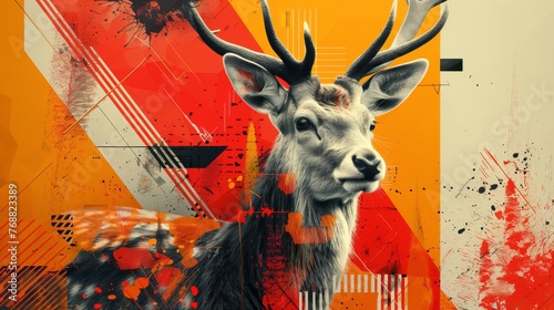A deer with yellow and red abstract background: buck portrait with antlers in a modern art style with colorful and bold design. Wildlife illustration with contemporary graphic and digital art elements