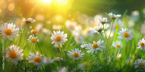  A beautiful spring summer meadow Chamomile flowers at sunset or sunrise. Natural colorful panoramic landscape with many wild flowers of daisies against blue sky.banner