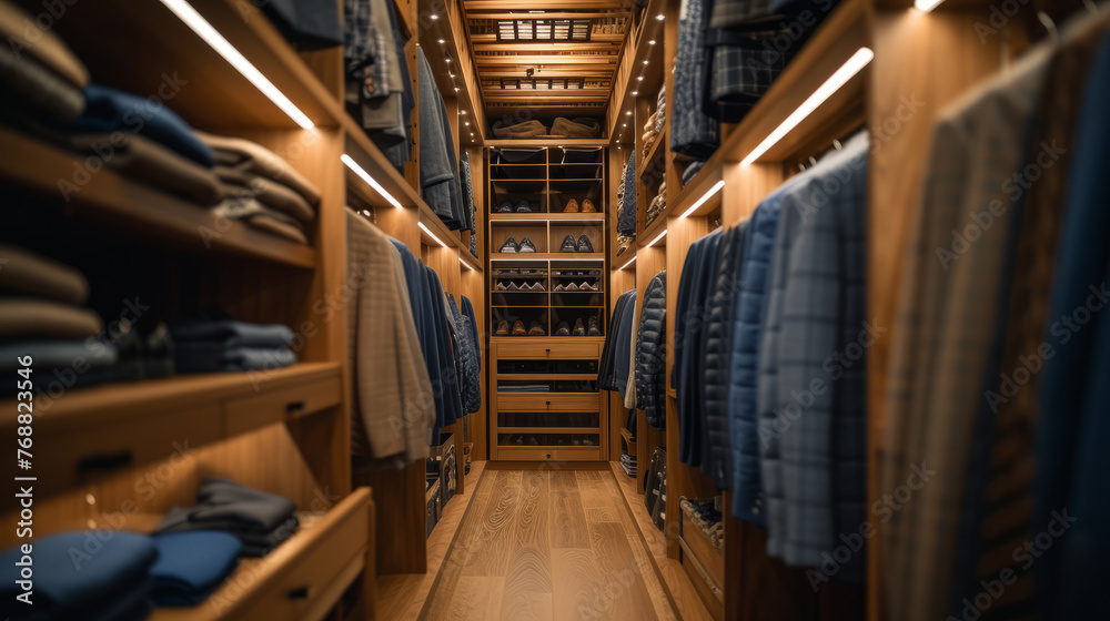 Obraz premium Bright stylish men's walk in closet in modern luxury villa or apartment. Wooden floor and cabinets, neatly hung outerwear, knitwear laid out on shelves, shoes arranged.