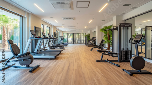 Interior of modern fitness gym. Wide range of equipment: treadmills, exercise bikes, weight machines. Bright spacious empty room for fitness classes. Healthy lifestyle concept.