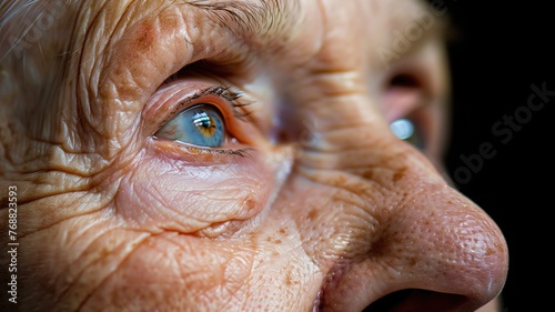 Macro shot capturing the intricate details of an aged eye, reflecting a life lived with stories to tell