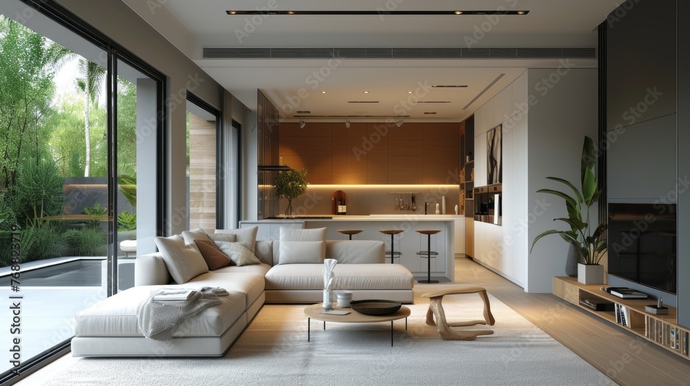 Sleek and Modern Living Room Integrating Nature with Refined Interior Design Sleek and Modern Living Room Integrating Nature with Refined Interior Design