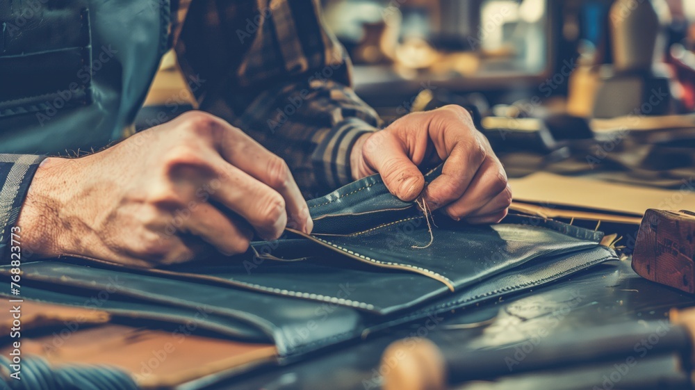 Naklejka premium Artisan hands sewing a leather bag with precision tools on a workshop table