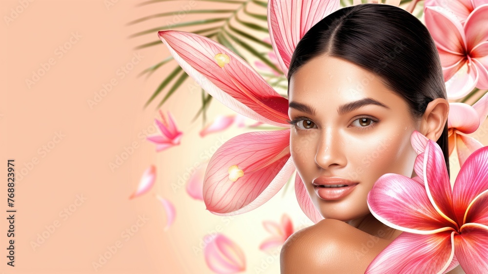 Serene beauty portrait with exotic flowers enhancing natural allure