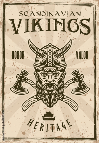 Vikings vector poster illustration in vintage style with grunge textures on separate layers