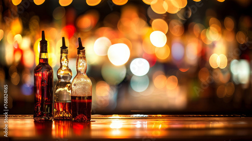 Bottles of alcoholic drinks against a blurred background in a bar. Spirit beverages on a bar counter, copy space for text