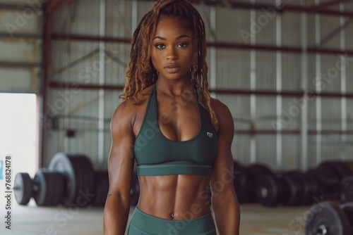 Half-length portrait of a young African American woman wearing sports top in a gym. Attractive slender girl with sculpted muscles. Intense workouts, active lifestyle.