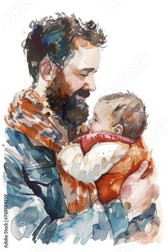 Smiling man with beard holding his baby. A heartwarming and tender moment. Father's day card in watercolor 