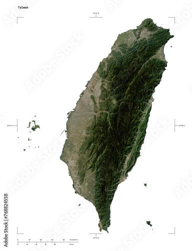 Taiwan shape isolated on white. Low-res satellite map photo