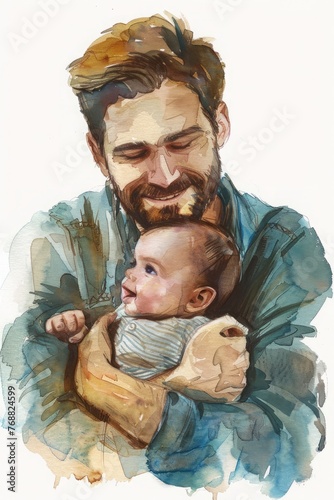 Smiling man with beard holding his baby. A heartwarming and tender moment. Father's day card in watercolor 