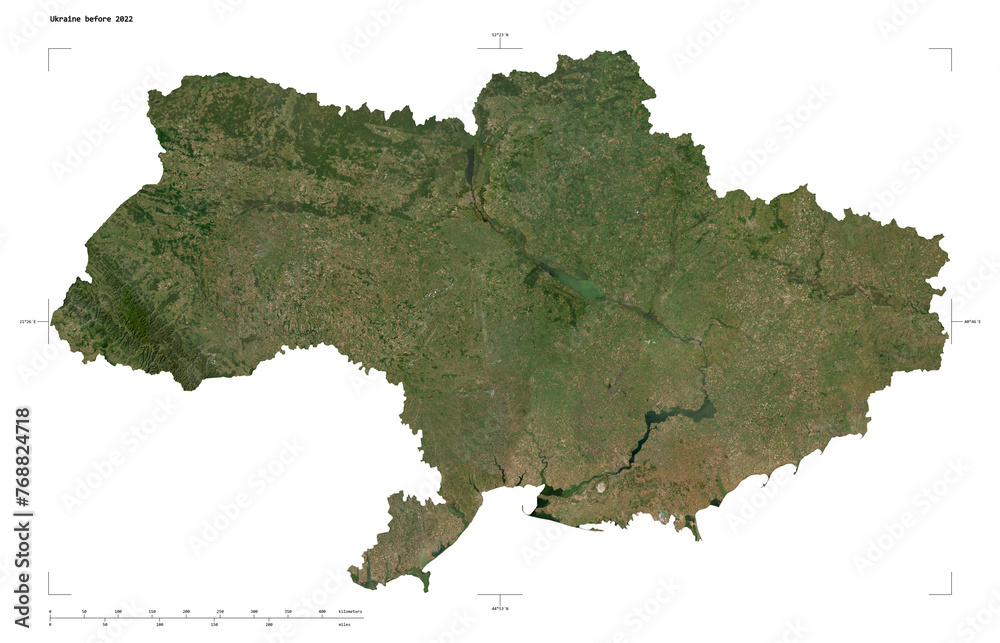 Ukraine between 2014 and 2022 shape isolated on white. Low-res satellite map