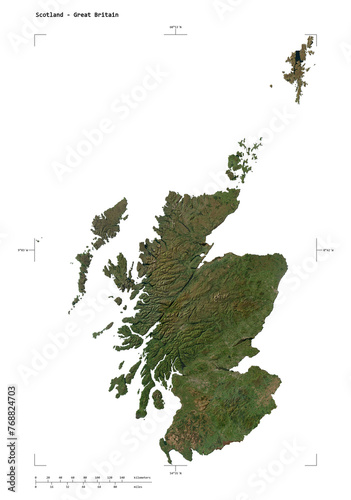 Scotland - Great Britain shape isolated on white. Low-res satellite map