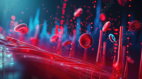 Blood lipid profile data visualization, with graphs and figures emerging from a blood drop photo