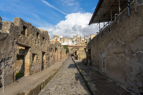 well-preserved streets of the ancient city in the archaeological park of Herculaneum, Naples-Italy.