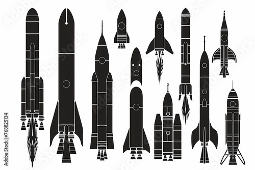 Space rockets in black and white illustration Vector set
