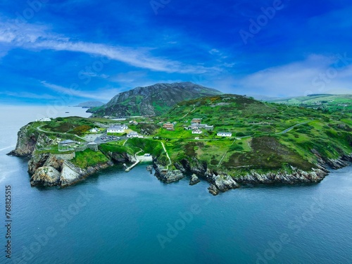 Aerial view of a scenic landscape with a peaceful sea on west coast of Ireland