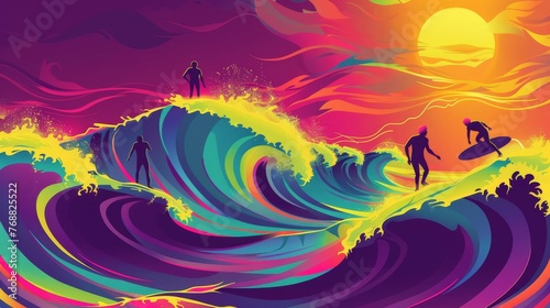 70s surf competition with hoverboards, psychedelic waves, sunset backdrop