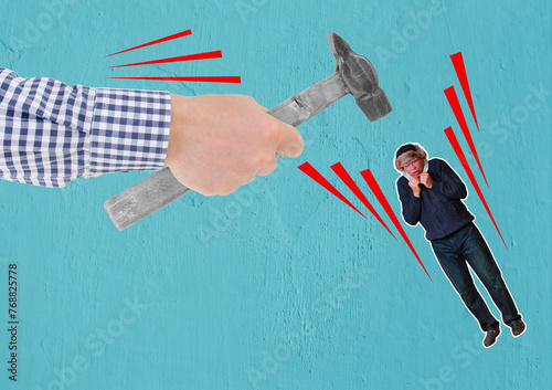 Fotografie Might Makes Right: Hand with Hammer Over Cowering Man