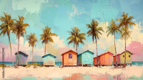 Transport the viewer to a tranquil seaside retreat with pastel-colored beach huts nestled among swaying palm trees. photo