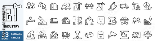 Industry web icons in line style. Mass production, manipulator, factories, mine, collection. Vector illustration. Editable stroke © Ruslan Ivantsov