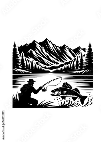 Fishing On Lake Svg, Fisherman With Fishing Rod In Mountain, Landscape With Forest Clipart Png, Dad Bass Fishing, Shirt Cut File, Fishing SVG, Fisherman SVG, Bass fish, Fishing Logo, Silhouette photo