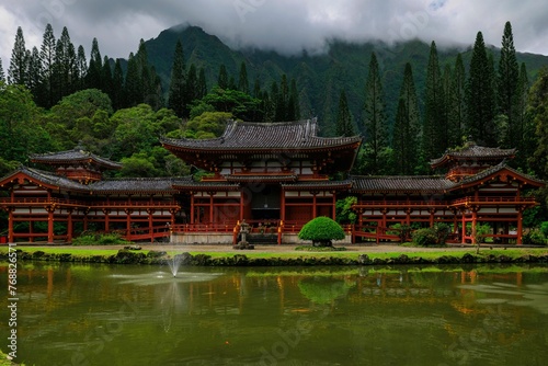 Scenic view of an Asian-style traditional building in a green forest with a pond
