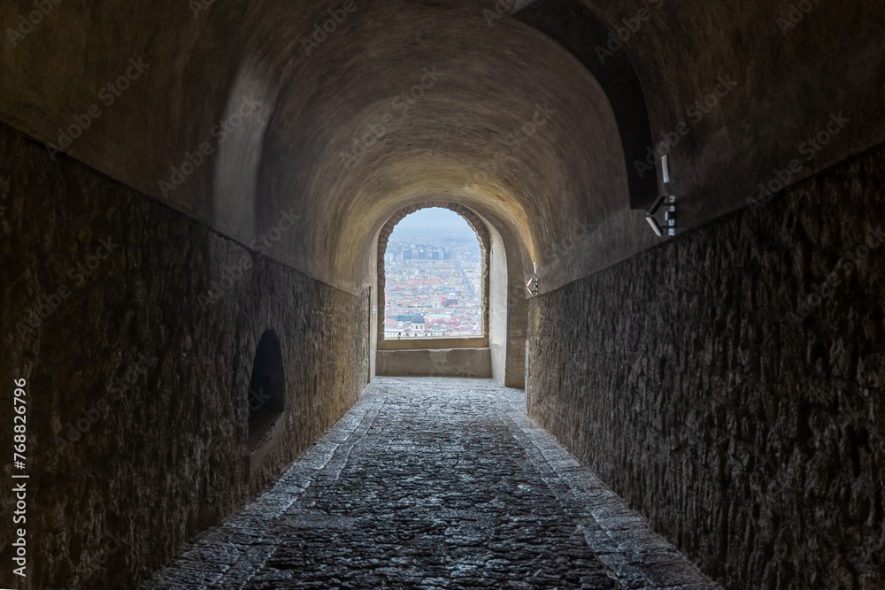 Vault-shaped tunnel in Castel Sant Elmo, overlooking Naples, Italy.