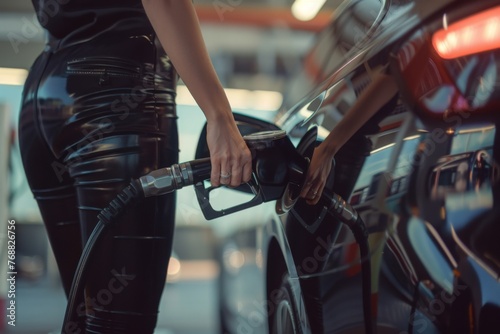 The gas station attendant watched as the woman inserted the nozzle into her car's tank for pouring fuel