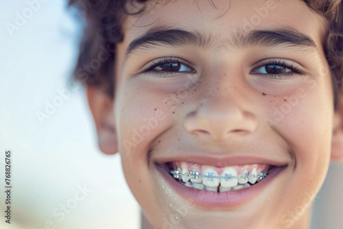 smiling teenage latin boy with braces, close up portrait of hispanic teen, orthodontic treatment, blurred background