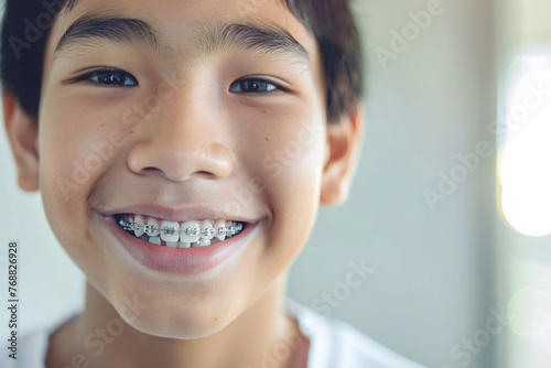smiling teenage asian boy with braces, close up portrait of asian teen, orthodontic treatment, blurred background