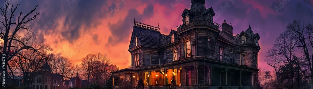 Obraz premium Classic Victorian mansion on Pluto, mystery dinner party with aliens and humans