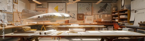Mid-century UFO design studio, drafting tables, concept models, alien engineers