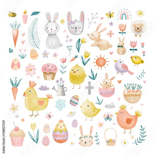 Happy Easter modern watercolor illustration set of cute objects and elements: chicken, sun, decorations, hen, rooster, rabbit, hare, abstract flowers, carrots, eggs, easter decor on white background 