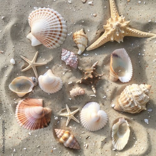 seashell collection on sand, beach treasures message space