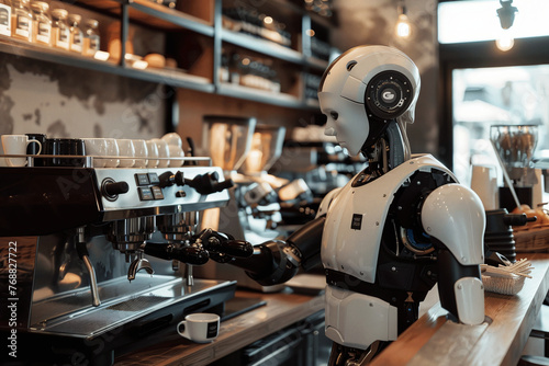 Robotic Barista, Futuristic Robot Operating an Espresso Machine in a Modern Café © Qmini