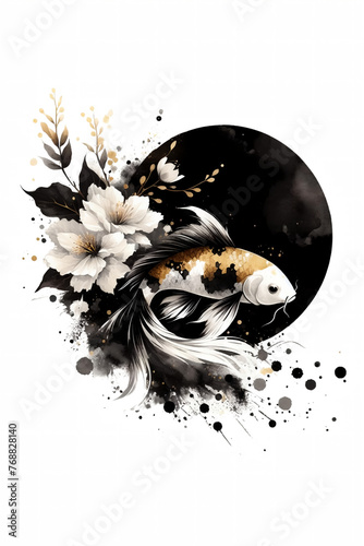 Watercolor Koi fish and moon