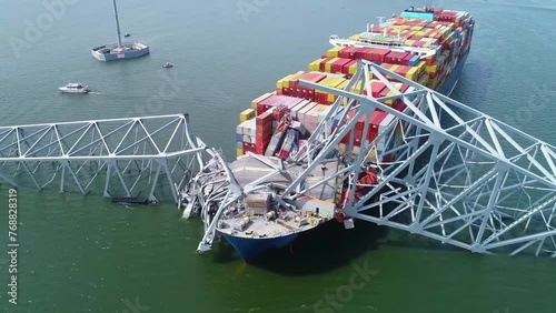 BALTIMORE, MD - 3.26.2024 - Aerial of the Francis Scott Key Bridge in Baltimore after being struck by the cargo ship Dali.