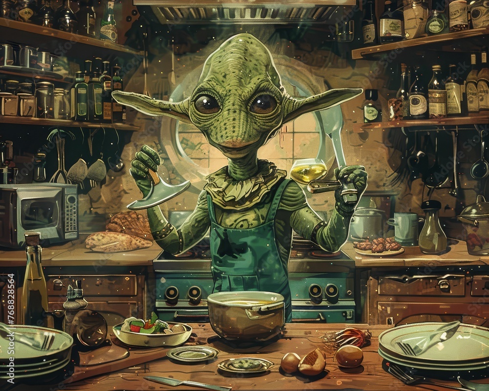 Fototapeta premium Vintage alien cooking show, traditional dishes from across the galaxy, rustic set