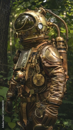 Steampunk astronaut gear, brass helmets, and suits for exploring alien jungles