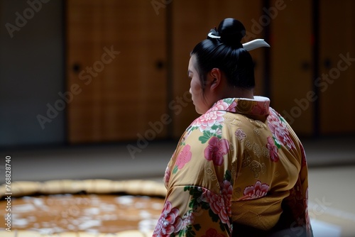 profile view of a female sumo preparing to enter the dohyo, ceremonial apron visible photo