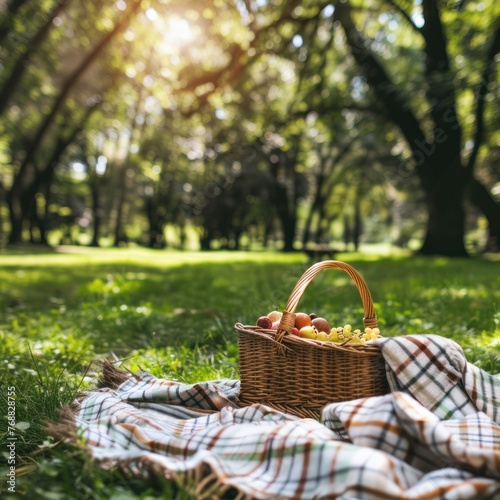 Picnic in a sunny park scene with lush green grass, a basket, and a blanket, ample space for message