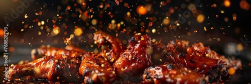 Fried juicy chicken wings, delicious juicy chicken wings with spices and sauce close-up, banner photo