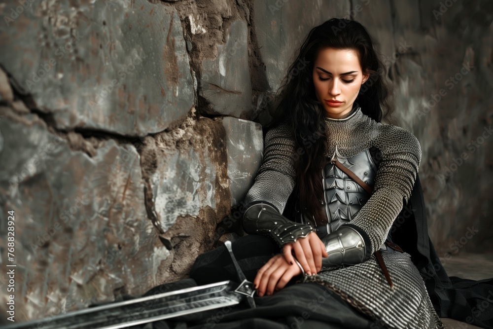Naklejka premium warrior woman in chain mail resting with sword