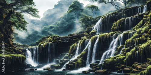 Scene Setting. Majestic waterfall cascading down a rocky cliff