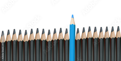 Black pencils they are arranged together and have blue Crayons is higher stacked.